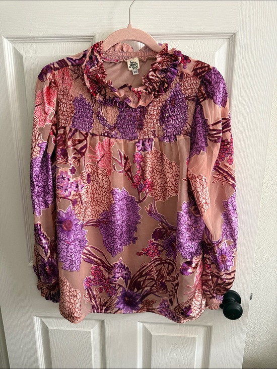 ivy jane Tops - Ivy Jane Pink and Purple Floral Velvet/polyester Ruffled Mock-Neck Blouse
